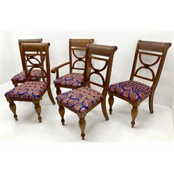 Set five (4+1) hardwood dining chairs, shaped cresting rail, upholstered seat, turned supports