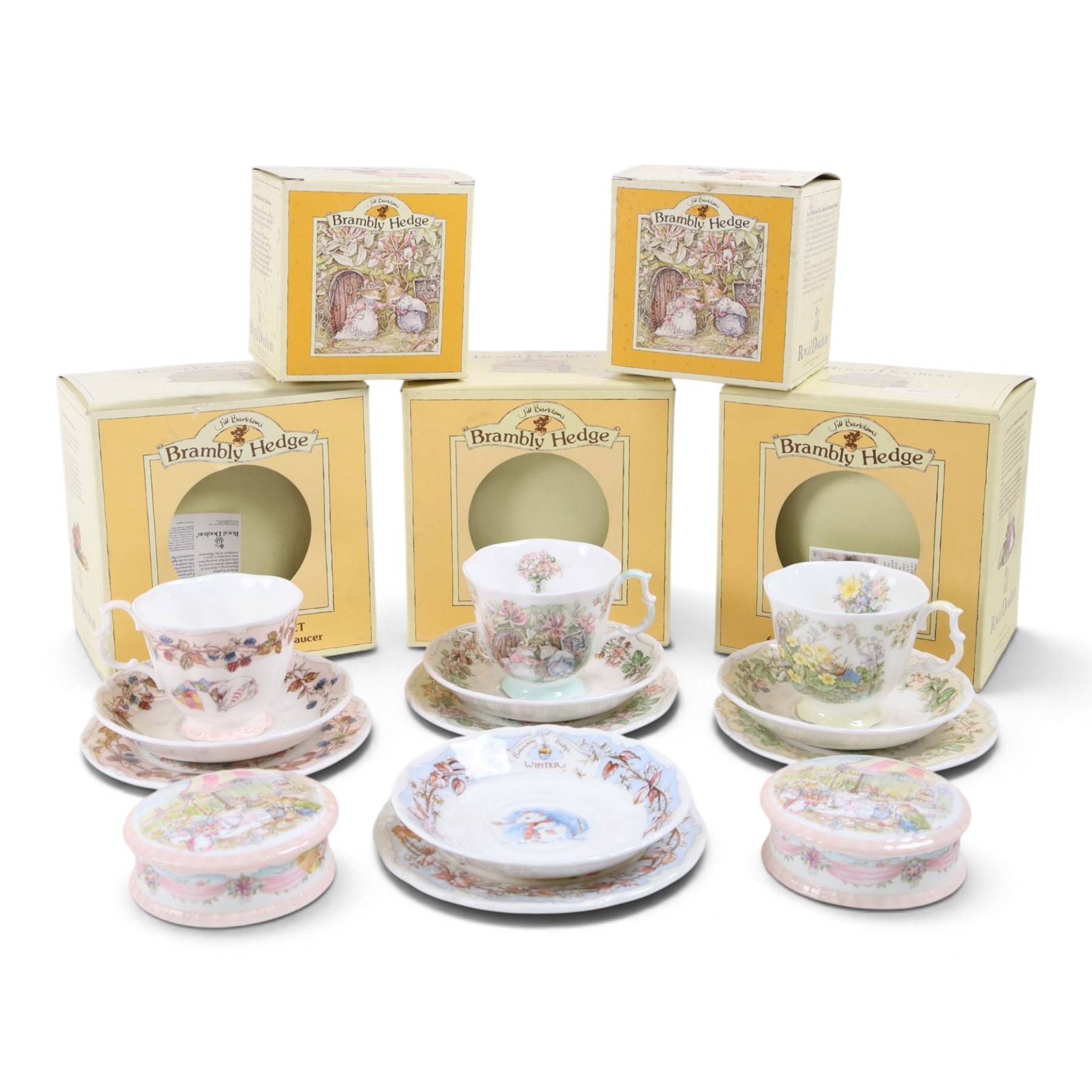 Royal Doulton Brambly Hedge Afternoon tea sets, for Spring, Summer and Autumn, together with winter plate and saucers and two trinket dishes   