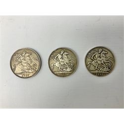 Three Queen Victoria silver crown coins, dated 1887, 1890 and 1897