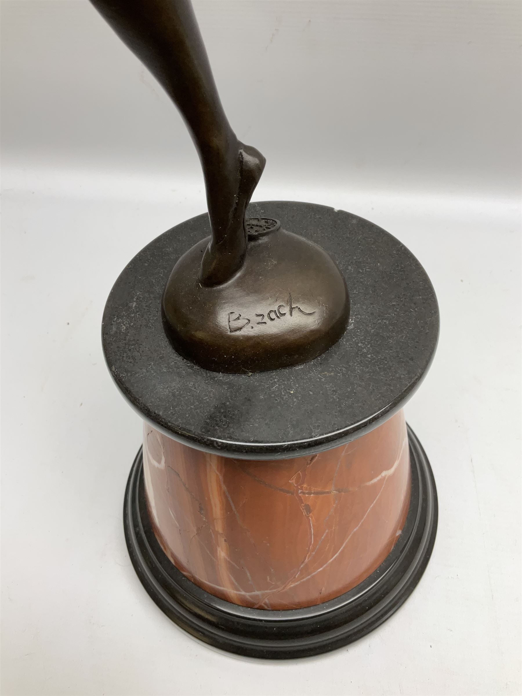 Art Deco bronze figure of a dancer, the domed base with B Zack signature, signed and with foundry mark, upon a tapering marble base H65cm