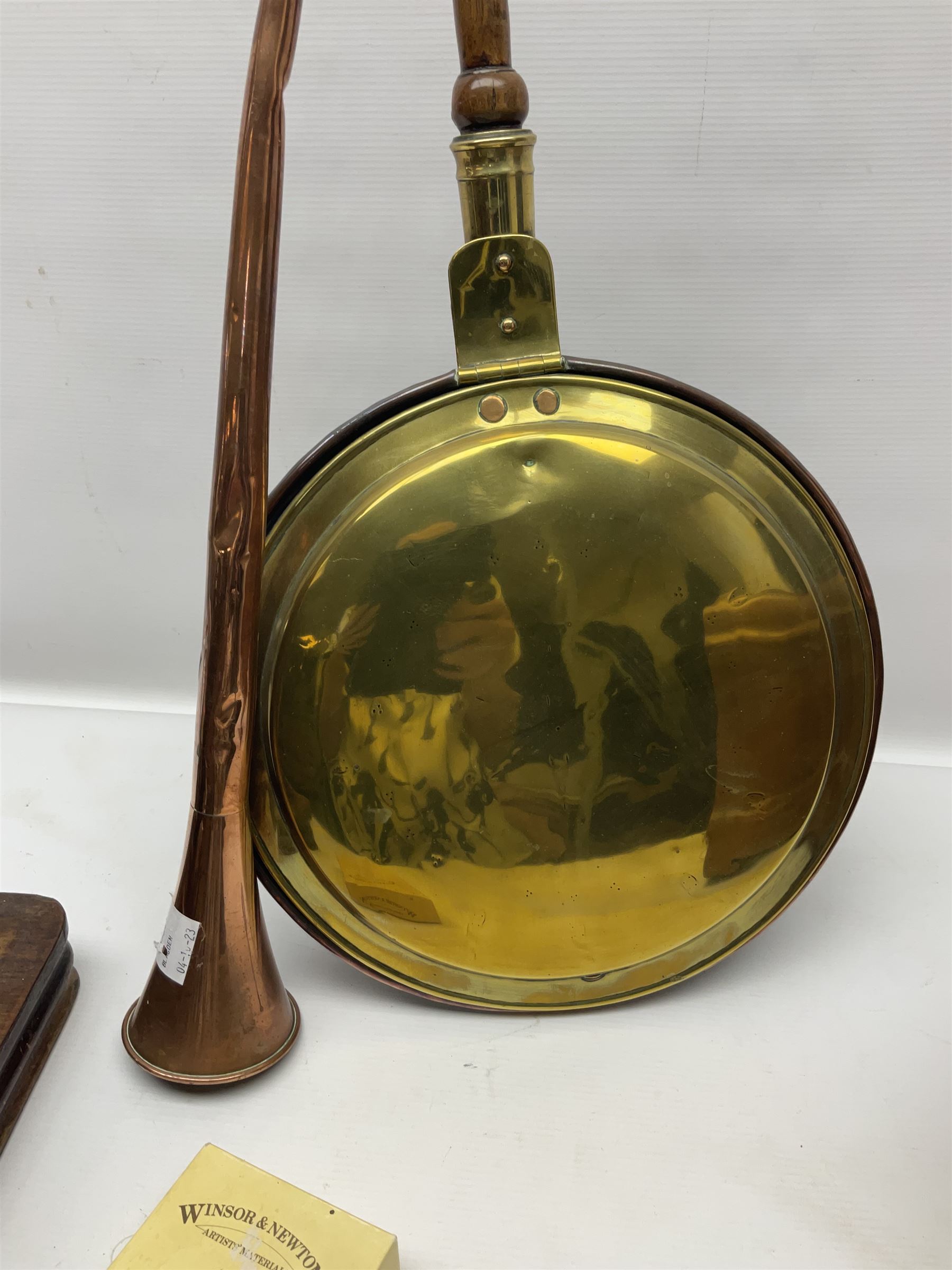 Cased sewing machine, together with bed warmer and copper hunting horn