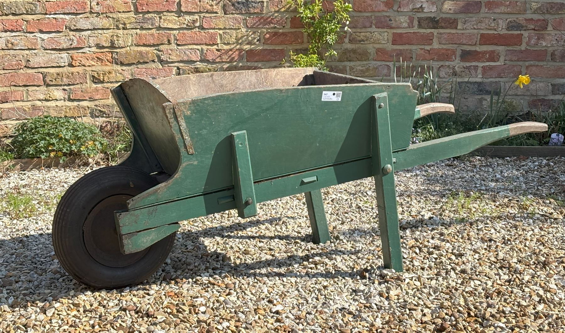 Vintage green painted oak wheel barrow. L160cm - COLLECTION BY APPOINTMENT FROM: The White House, Thirsk Road, Easingwold, York, YO61 3NF - CALL 01723 507111 TO ARRANGE