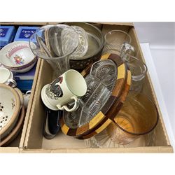 Denby coffee pot and jug, marble lazy susan, Wedgwood and Aynsley commemorative ware and a collection of other ceramics and glassware, etc, in four boxes 
