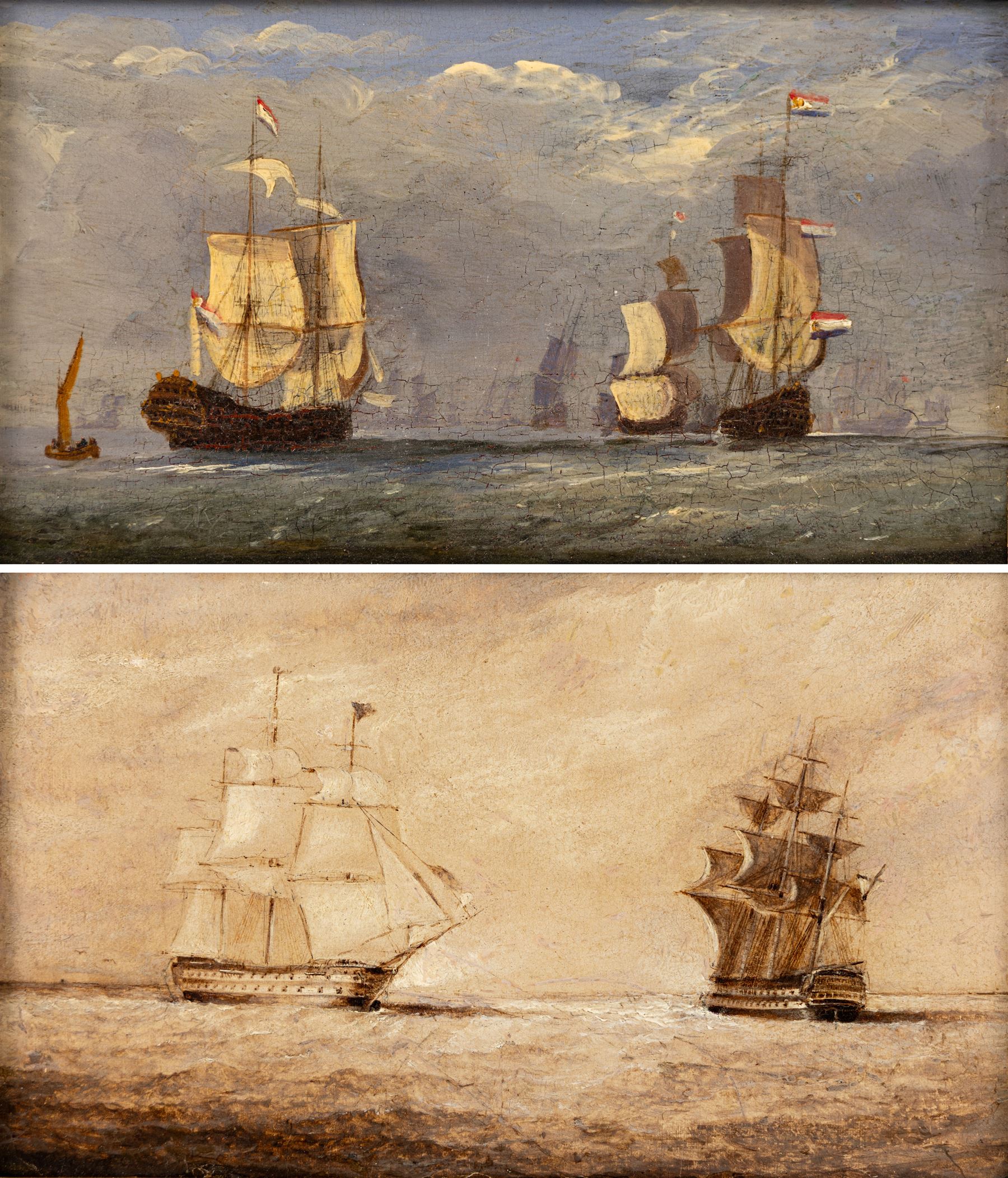 Circle of John Ward of Hull (British 1798-1849): British and Dutch Ships at Sea, pair oils on panel unsigned 13cm x 23cm (2)