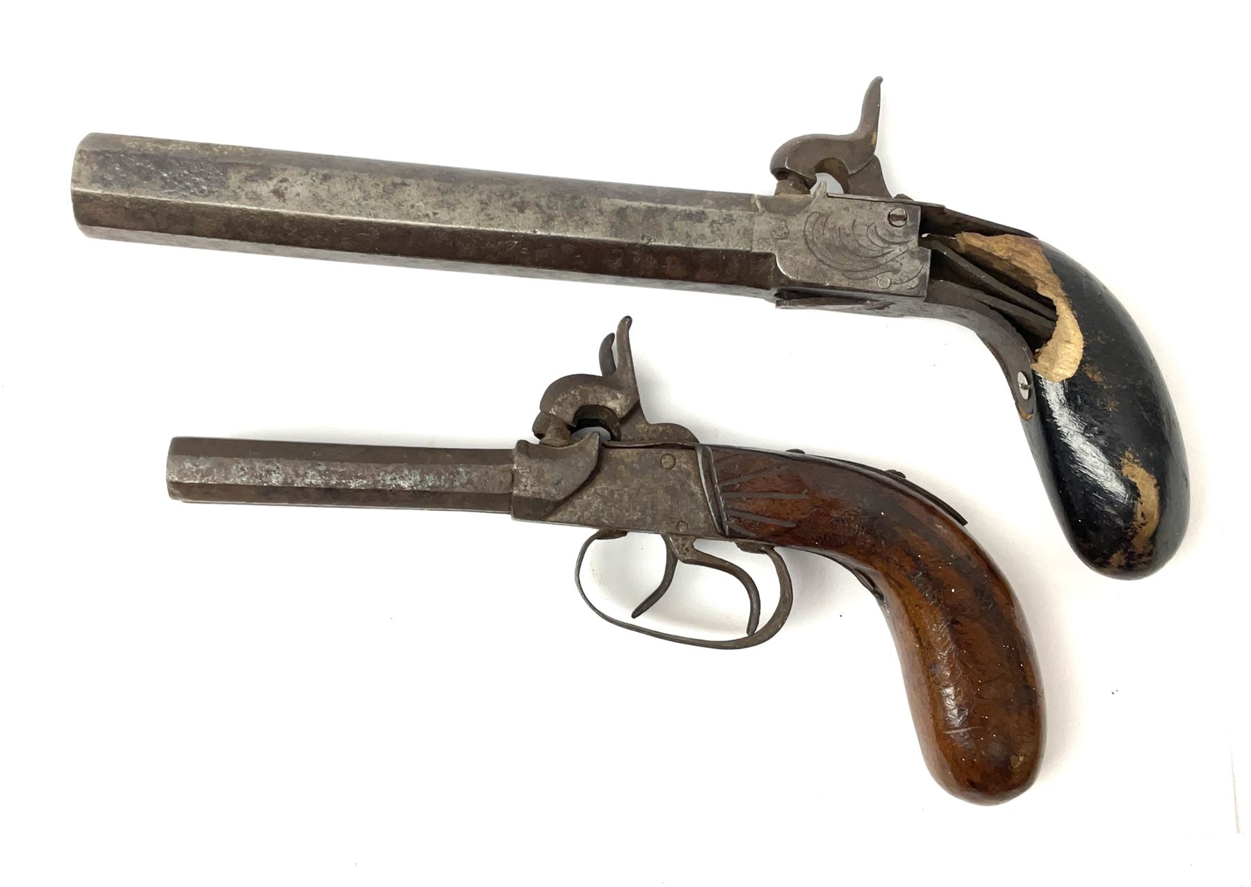 Mid-19th century percussion cap side-by-side double barrel pocket pistol with 7.5cm octagonal barrels and walnut bag stock L21.5cm; and Belgian 16-bore percussion cap pocket pistol with 16cm octagonal barrel, folding trigger and black painted wooden stock L27.5cm (2)
