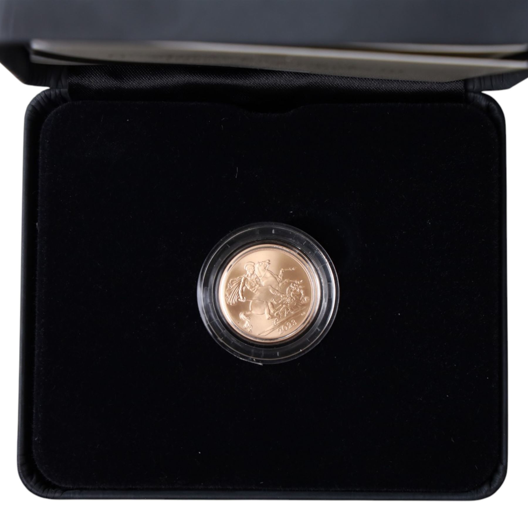 The Royal Mint United Kingdom 2023 'The Coronation of His Majesty King Charles III Celebration' gold brilliant uncirculated full sovereign coin, struck on the day, from an edition of 1250, cased and boxed with certificate