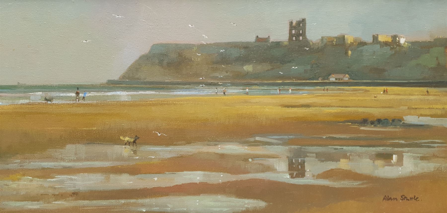 Alan Stuttle (British 1939-): Seagulls over 'Scarborough' North Bay, oil on canvas signed, titled and dated 1989 verso 24cm x 50cm