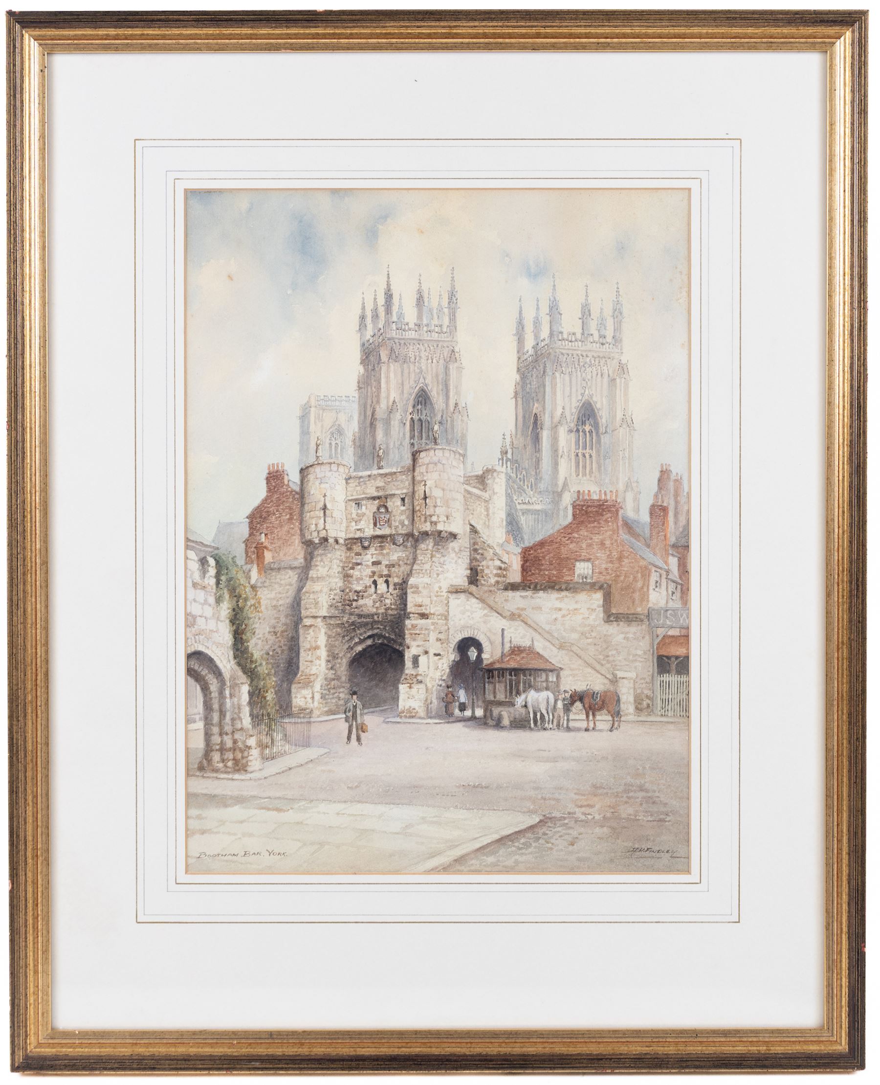 Albert Henry Findlay (British 1880-1975): 'Bootham Bar - York', watercolour signed and titled, 37cm x 27cm; together with a circular oil depicting Wollaton Hall, D21cm (2)