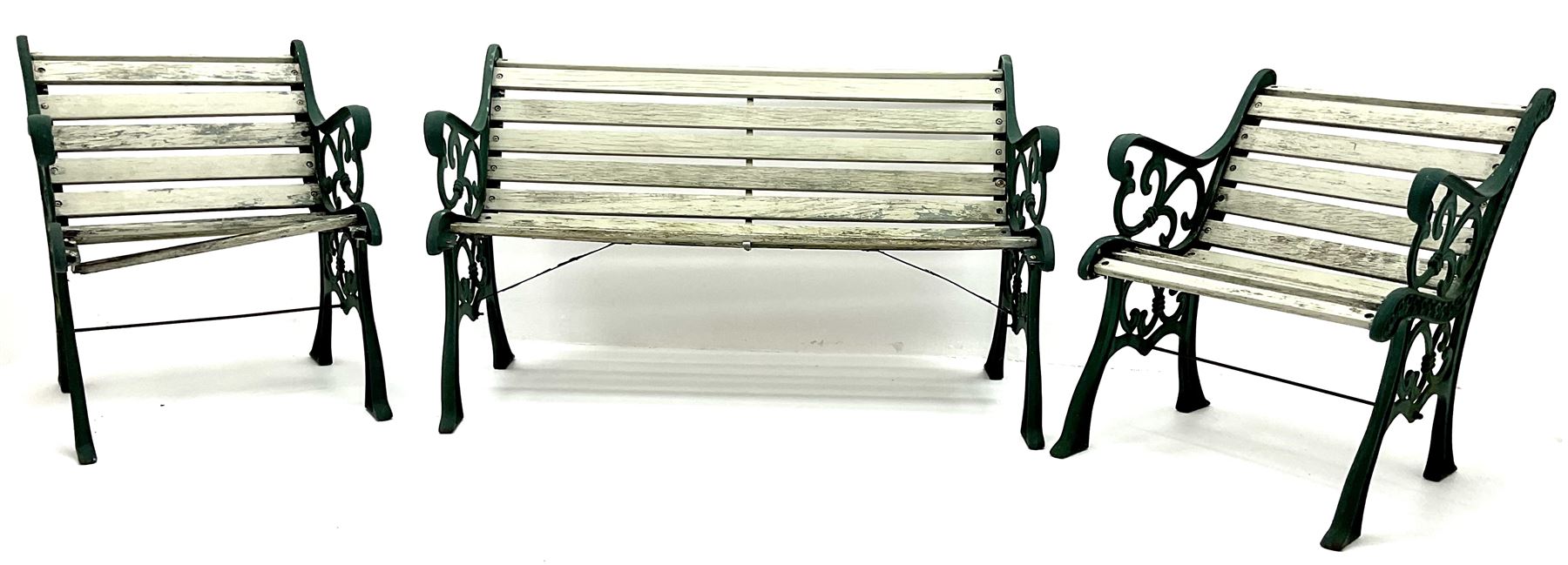Cast iron garden bench, painted timber slats (W127cm) and pair of matching armchairs (W63cm)