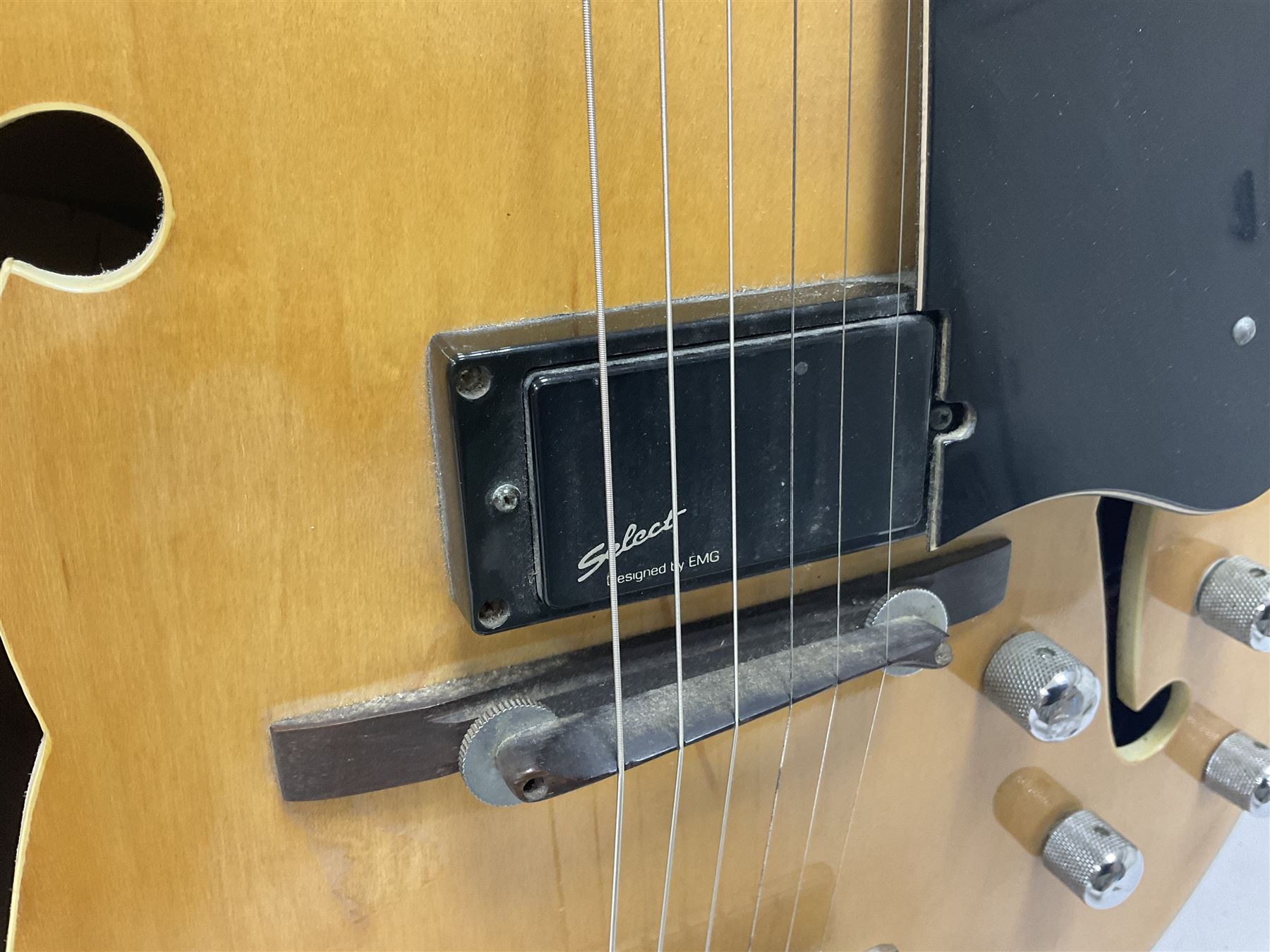 1980s Korean Antoria Jazzstar hollow body electric guitar, in blonde finish with inlaid fretboard, model no E G794, L109cm