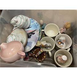 Collection of ceramics and glass, including Royal Crown derby trinket dish, Tudor ware coffee cans, end of day glass vase, flycatcher glass shade etc, in three boxes