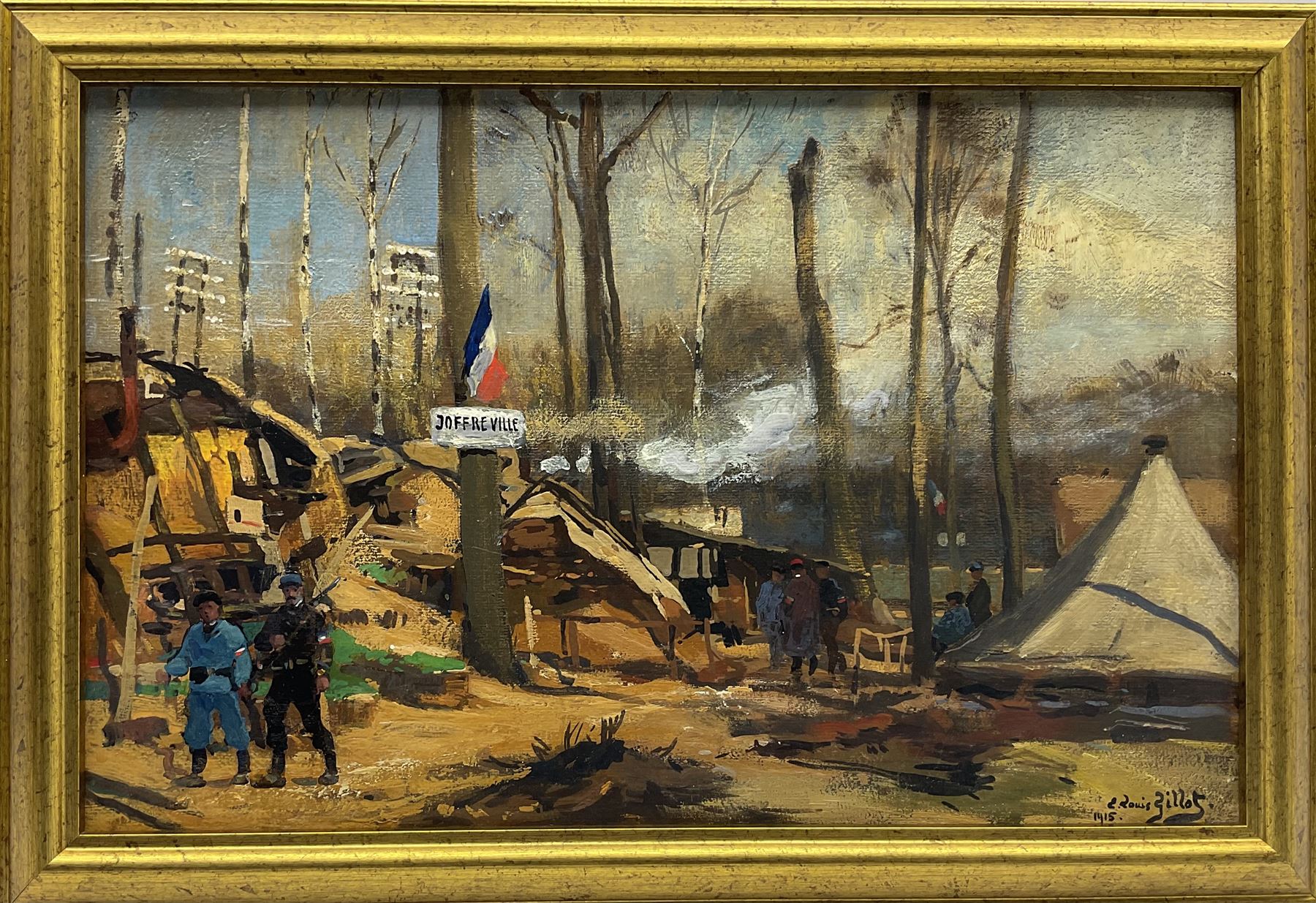Eugène Louis Gillot (French 1867-1925): WWl French Troop Camp 'Joffreville', oil on board signed and dated 1915, 34cm x 53cm