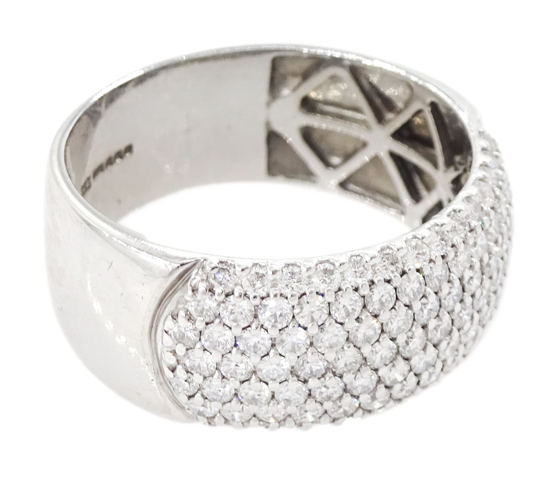 18ct white gold pave set round brilliant cut diamond dome ring, Sheffield 2011, total diamond weight approx 1.40 carat 