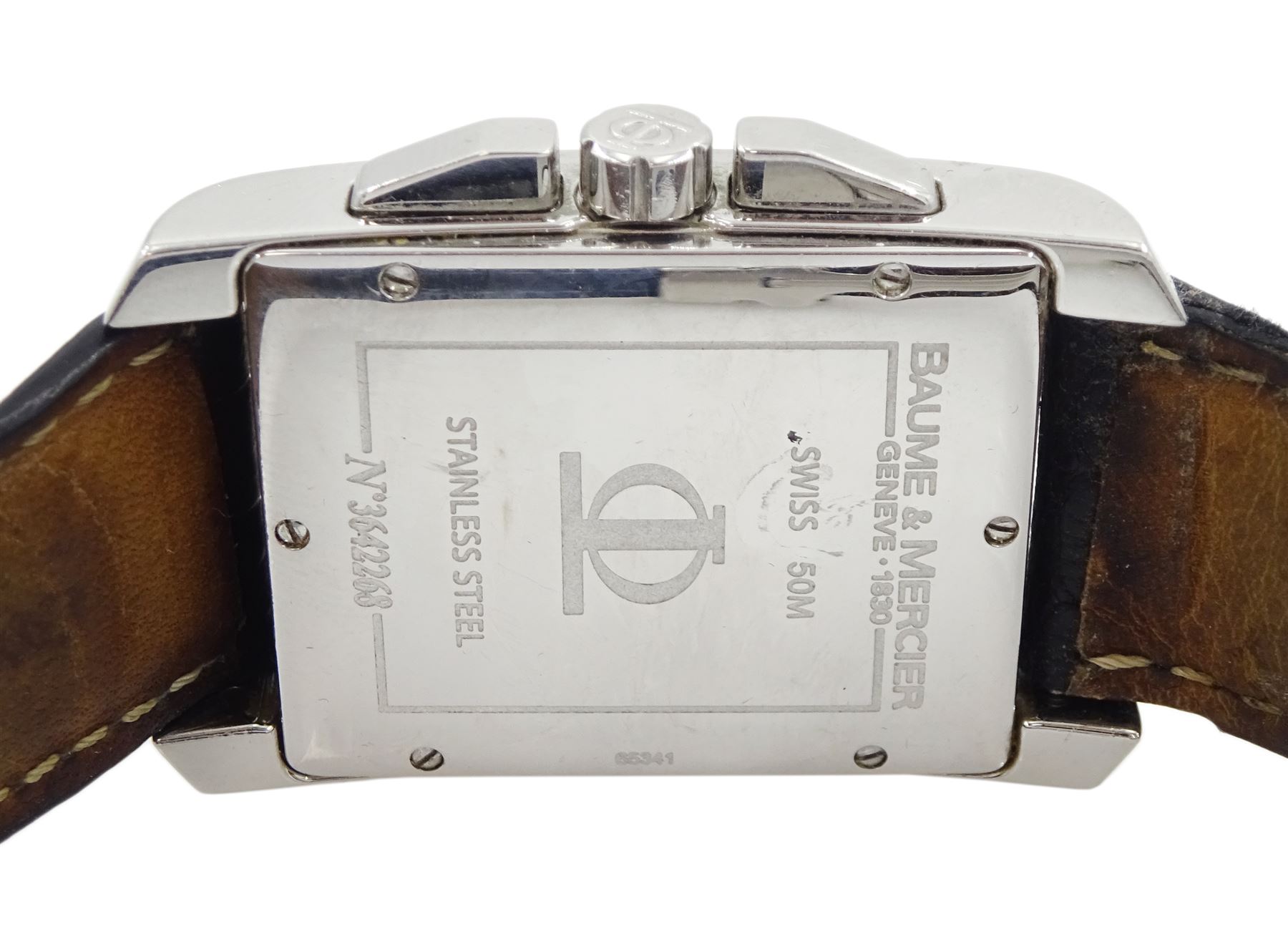 Baume Mercier Hampton gentleman's stainless steel chronograph quartz wristwatch, black dial with date aperture, on black leather strap and original fold-over clasp, boxed with papers