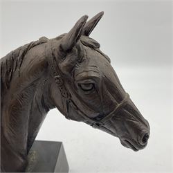 Bronzed composite bust of a horse's head, modelled by Doris Lindner, upon rectangular base, signed to base, H20.5cm