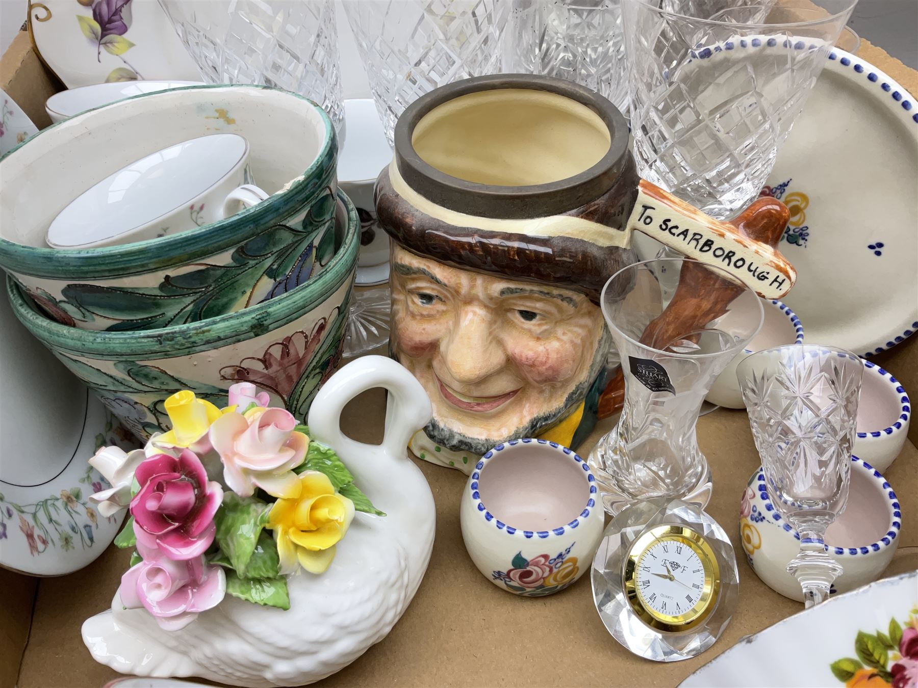 Large Swan pottery vase with a bouquet of dry flowers together with  oblong crystal bowl, Stuart crystal vase, Poole pottery cups and plate etc