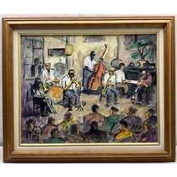 Charles T Stepule (American 1911-2006): 'Preservation Hall' Jazz Band New Orleans, acrylic on canvas laid onto board signed, titled and dated 1992 verso 39cm x 49cm 