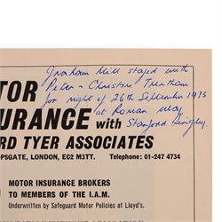 Signed Formula 1 memorabilia, including 1973 Milestones magazine signed to the front cover by Graham Hill and three signed photographs comprising Jackie Stewart, Jack Bradbury and Mario Andretti, with certificate of authenticity from Chaucer Auctions