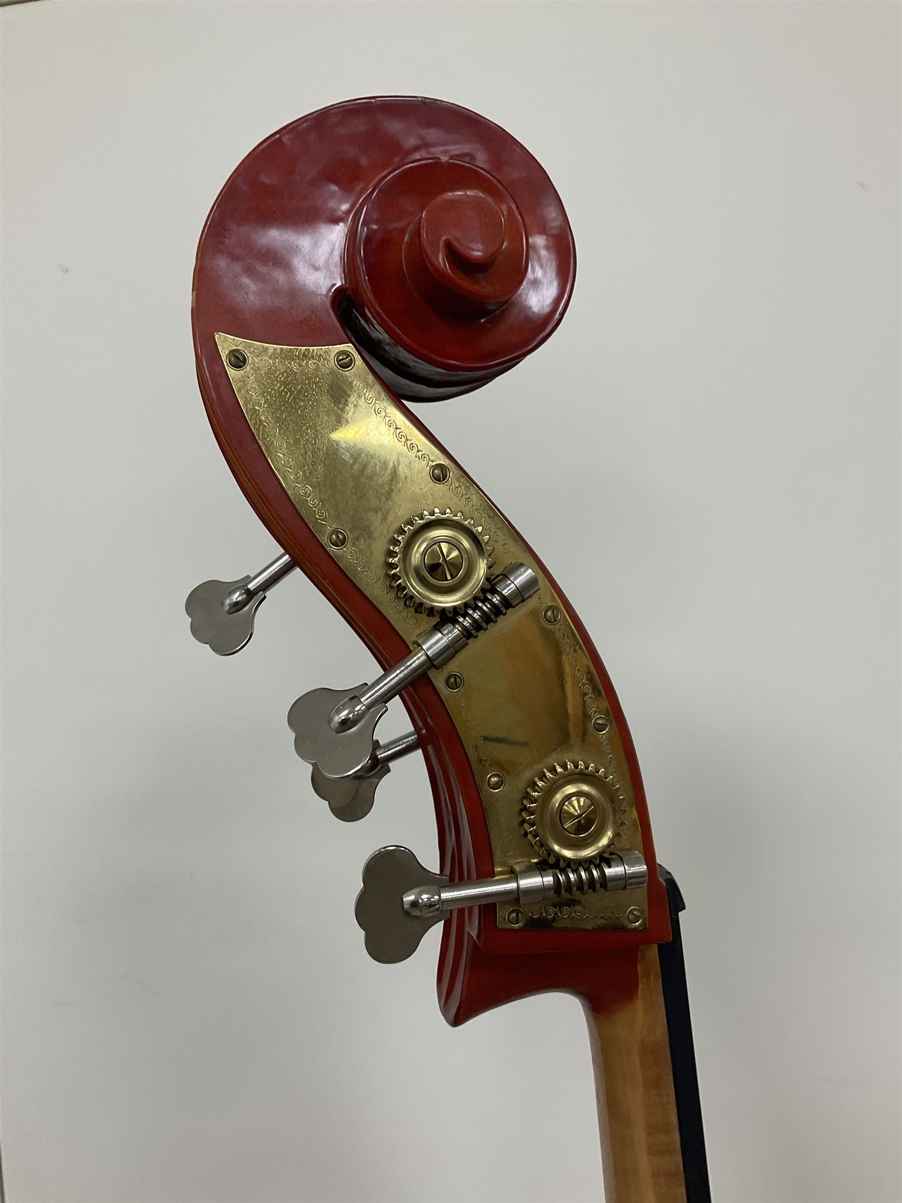 Contemporary 3/4 Double Bass, Body height bottom to shoulder 110cm, With steel tuning pins and ebonised fingerboard, no strings, bridge, tail piece, or endpin Although called a 3/4 size bass, this size is recognised as a regular sized Double Bass 
