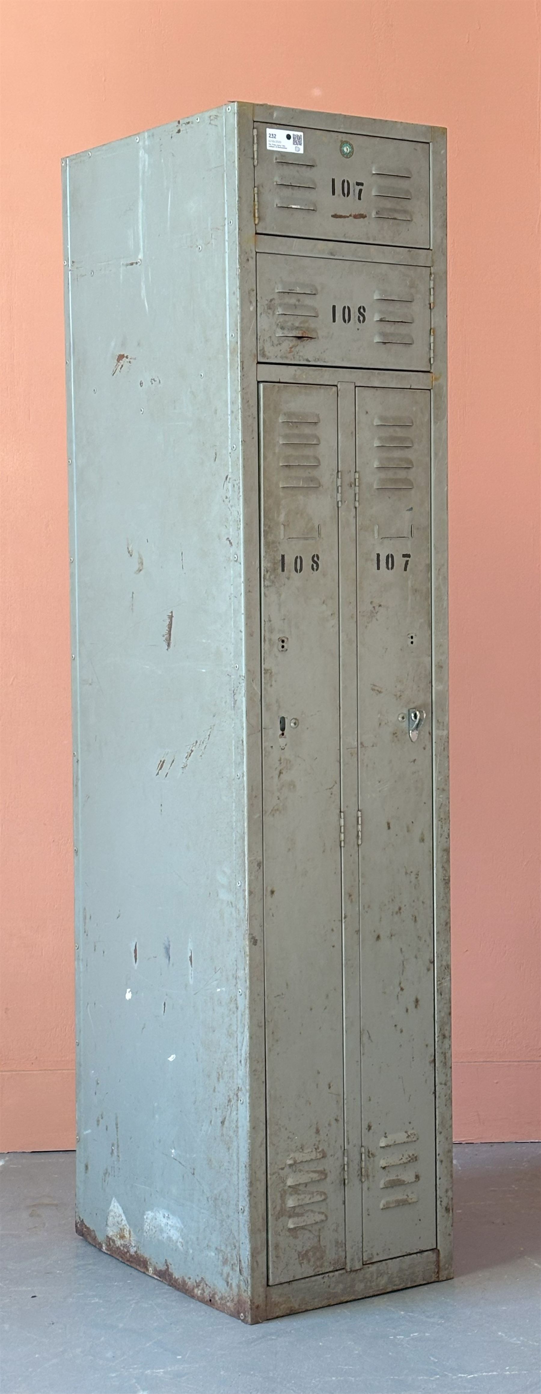 Mid 20th century steel cabinet locker fitted with four doors. H178cm, W38cm, W54cm. - COLLECTION BY APPOINTMENT FROM: The White House, Thirsk Road, Easingwold, York, YO61 3NF - CALL 01723 507111 TO ARRANGE