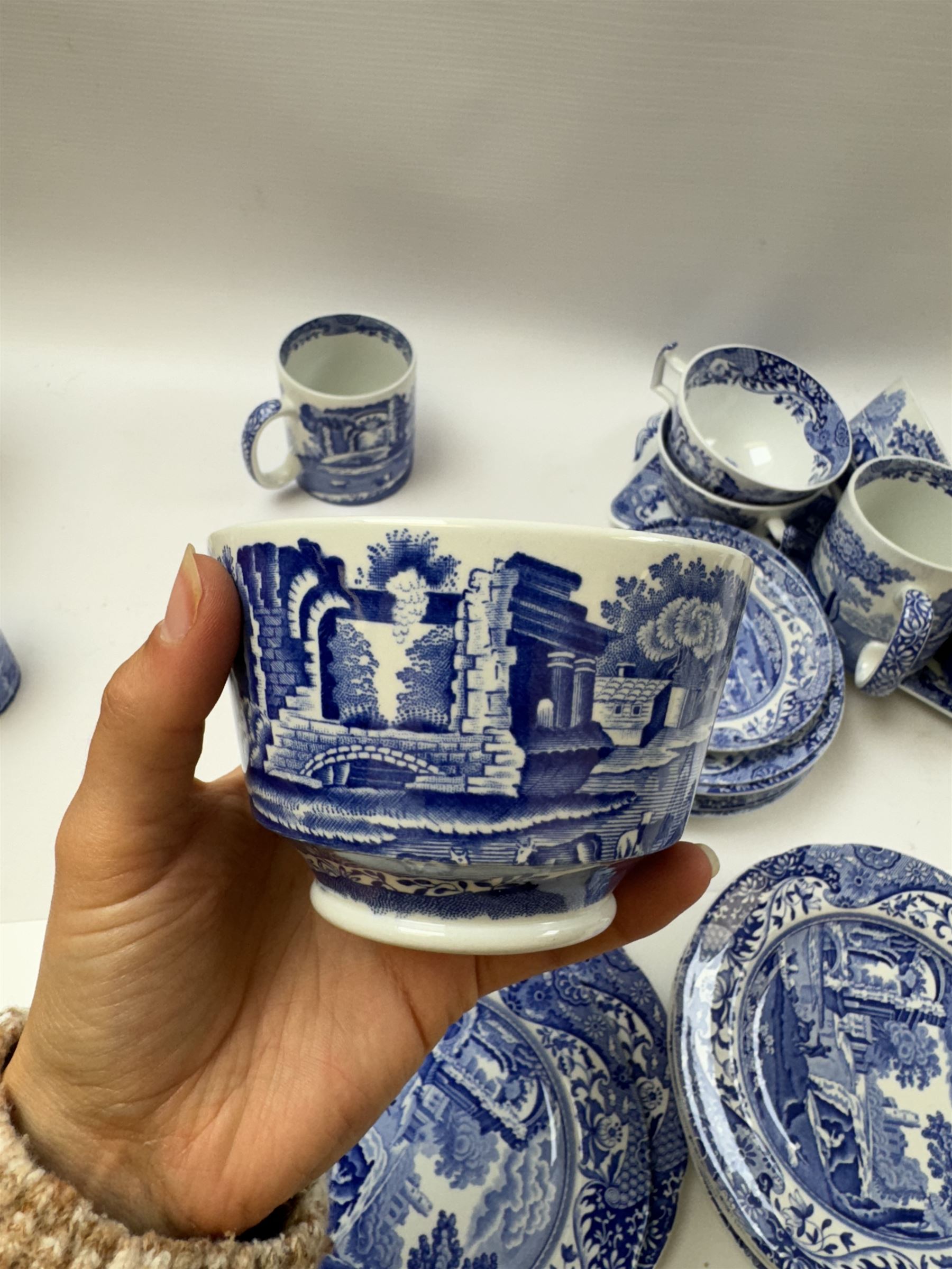 Spode Italian pattern tea service, comprising teapot, milk jug, open sucrier, six cups and saucers, two coffee cans and saucers, six dessert plates, four mugs and a sandwich plate (30) 