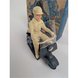Mettoy friction drive Lambretta scooter no. 8134, the blue plastic scooter with cream handlebars and clear windshield, the rider with cream hat and clothing, stamped MTY 143 to front mud guards, in original box