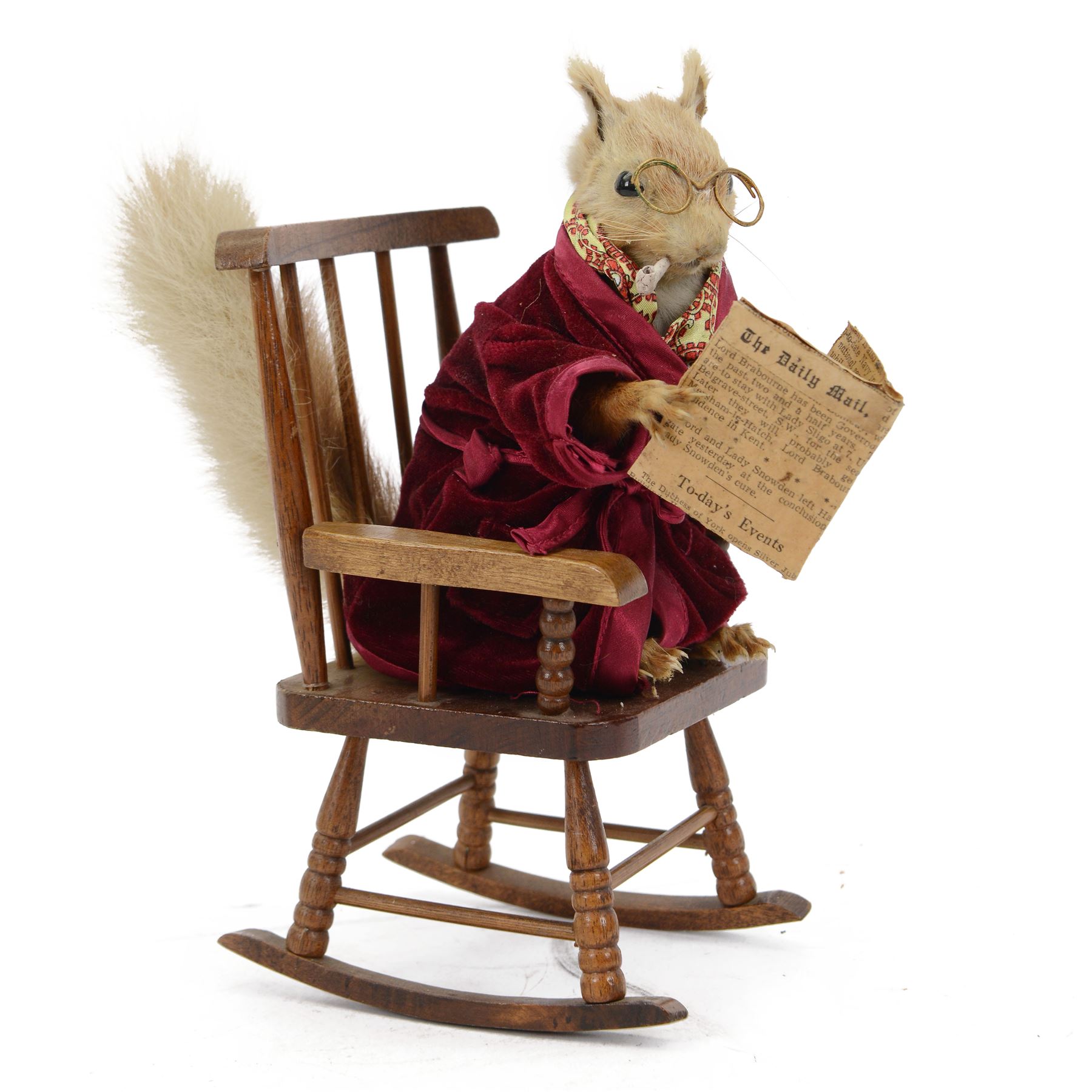 Anthropomorphic Taxidermy: Red squirrel (Sciurus vulgaris), dressed in a velvet dressing gown upon a rocking chair reading a newspaper from 1936, H28cm