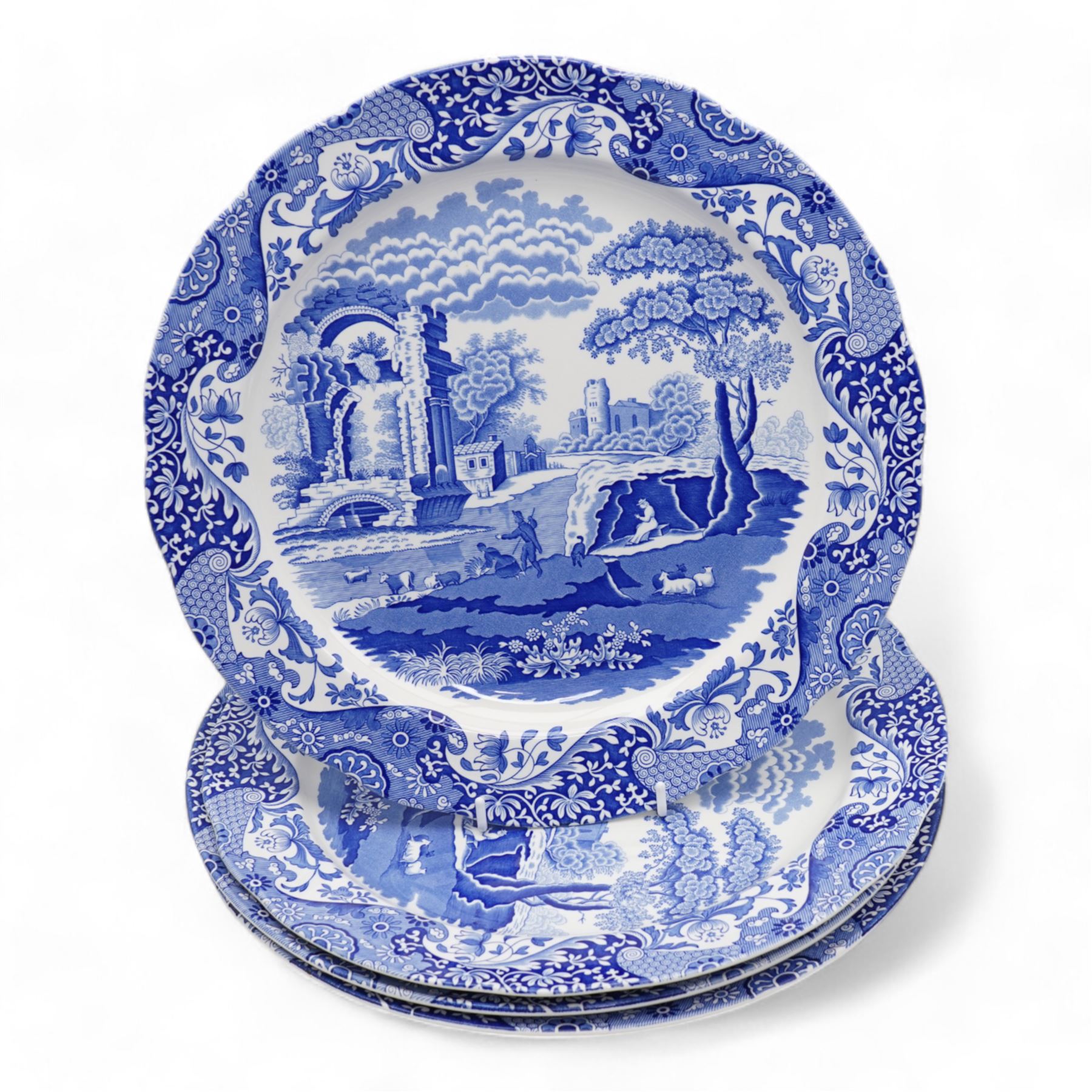 Copeland Spode Italian tableware to include four large bowls, jug, octagonal plate, four other larger plates, ten bowls of various sizes, butter dish, preserve jar, toast rack, set of six teaspoons and six pastry forks etc, all with black backstamps 