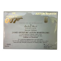 Danbury Mint Special Edition James Bond 007 22 carat gold plated 1:24 scale Aston Martin DB5, authentic replica of the car driven in Goldfinger and Thunderball, with certificate of authenticity, display case and original box