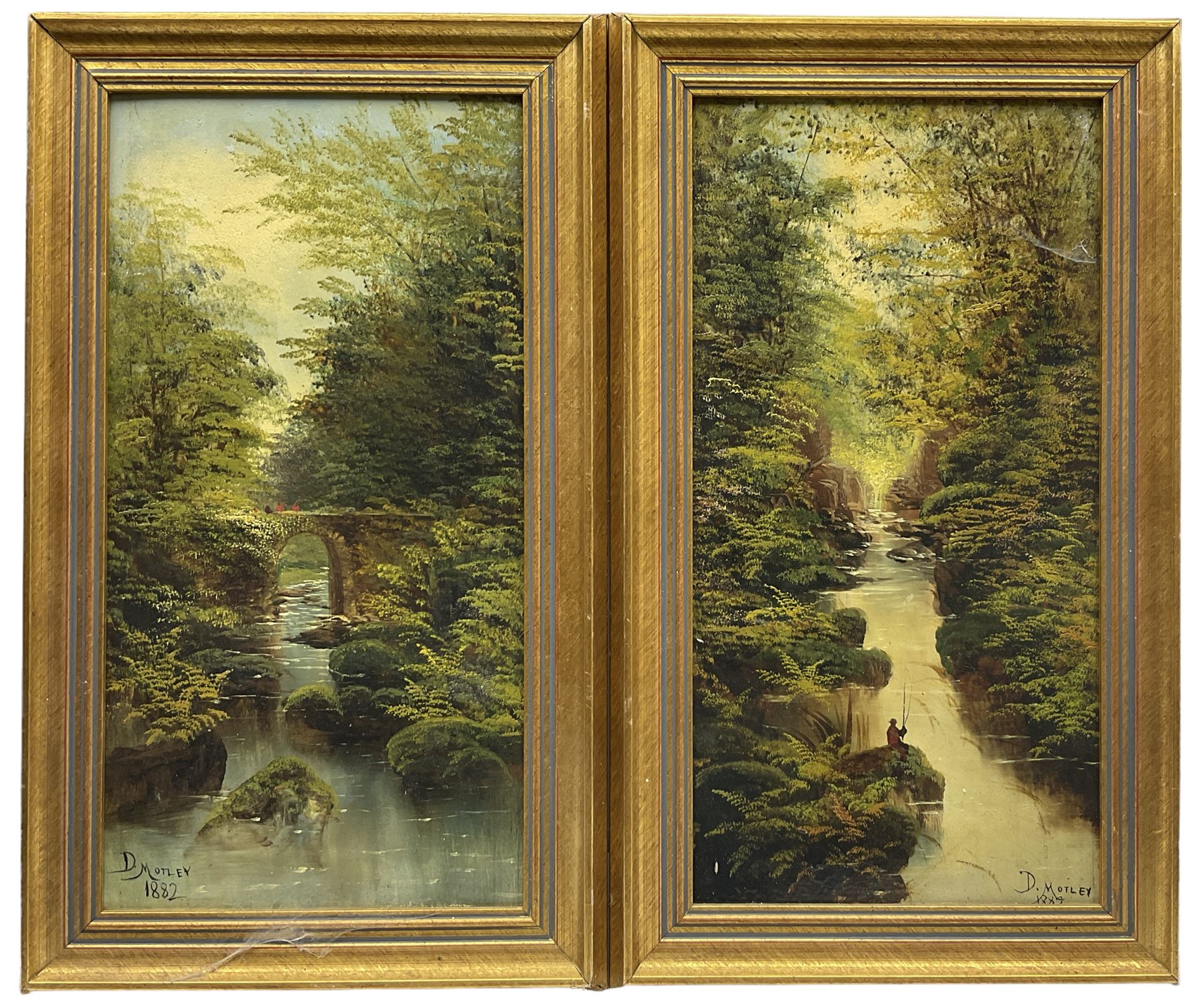David Motley (British 19th century): River Landscape with Bridge and Angler, pair oils on board signed and dated 1882 & 1884, 40cm x 20cm (2)
