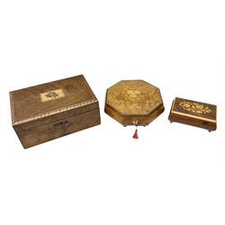 Three walnut boxes, all with floral inlaid decoration, comprising rectangular form example with inlaid panel decorated with blossoming roses and marquetry banding, and two musical jewellery boxes, largest L25cm