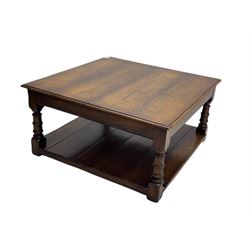Oak coffee table, square moulded top on turned supports united by undertier 