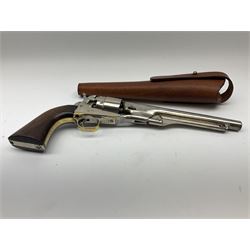 Colt model 1860 .44 calibre six-shot percussion army revolver with stepped cylinder, the 20.5cm barrel inscribed 'Address Col Saml Colt New York US America' with under barrel rammer, all parts with matching serial no.77902, traces of plating to brass trigger guard, two-piece walnut grips L37cm; with modern brass bullet maker and leather holster