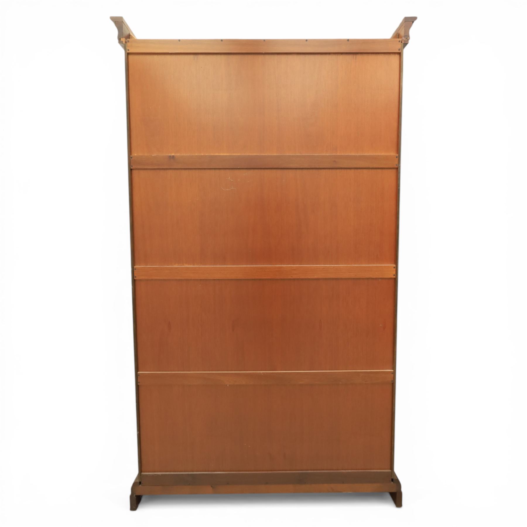 Willis & Gambier - French cherry double wardrobe, moulded cornice above panelled doors, enclosing a shelf and wooden hanging rail, raised on a moulded plinth with bracket feet