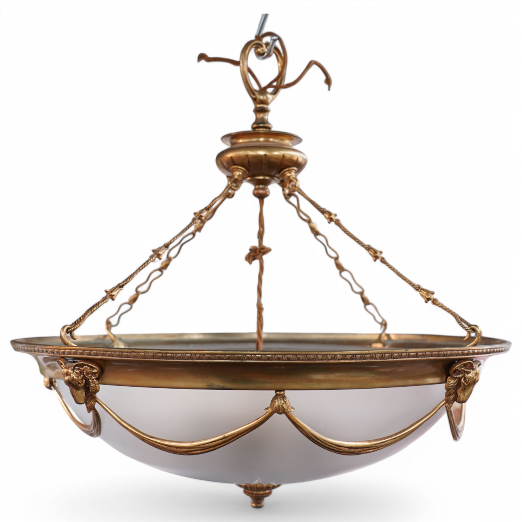 Late 20th century gilt metal ceiling light, circular form decorated with rams heads and swags, frosted glass bowl with bevelled decoration (D51cm); together with another late 20th century gilt metal ceiling ight, decorated with ribbons and rams heads with laurel swags, moulded glass bowl (D32cm)
