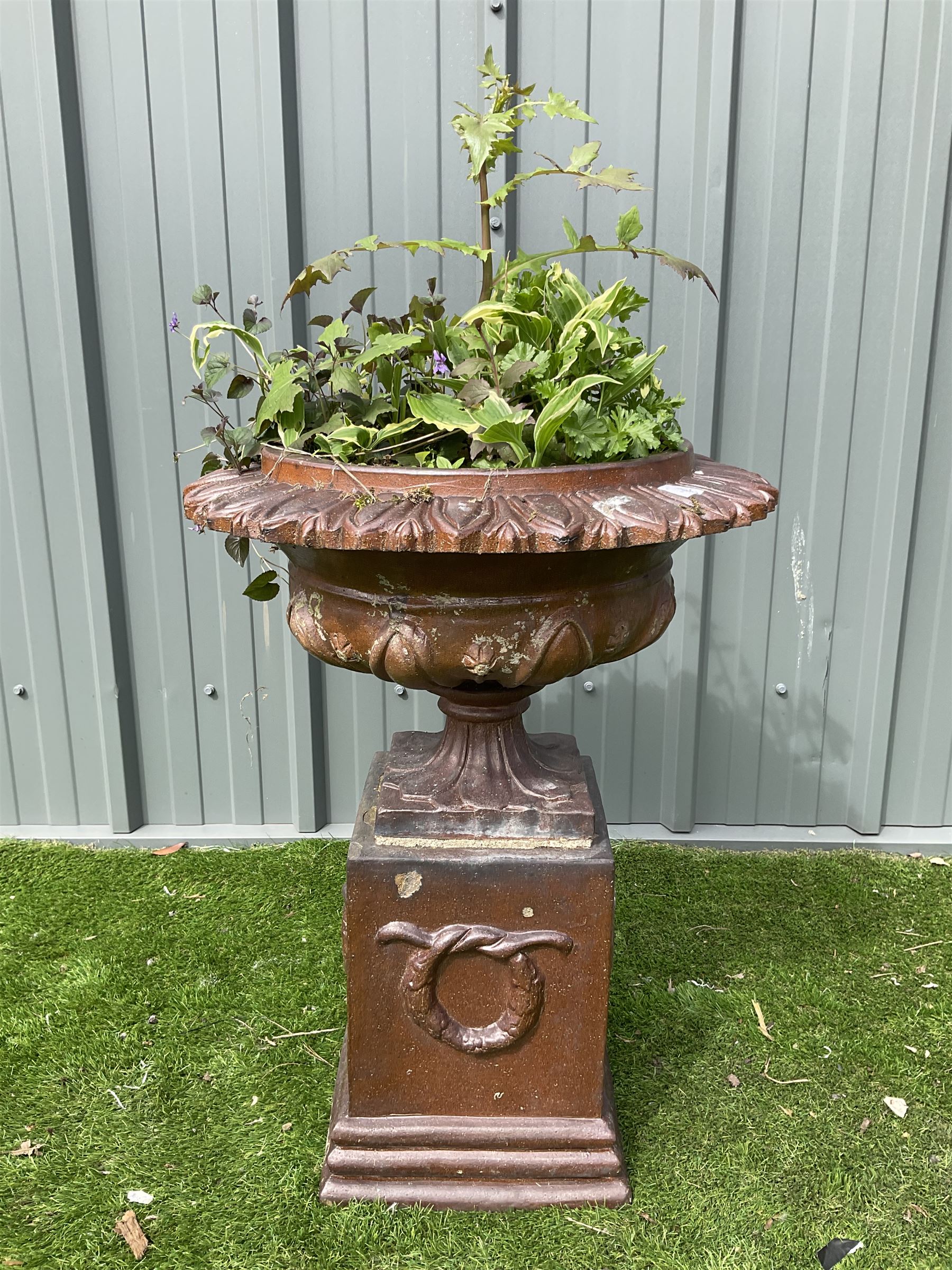 Terracotta garden urn on plinth - THIS LOT IS TO BE COLLECTED BY APPOINTMENT FROM DUGGLEBY STORAGE, GREAT HILL, EASTFIELD, SCARBOROUGH, YO11 3TX