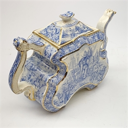 A Victorian Burgess and Leigh Aesthetic style blue and white teapot, decorated with an Indian hunting scene and heightened with gilt to edges, H17cm. 
