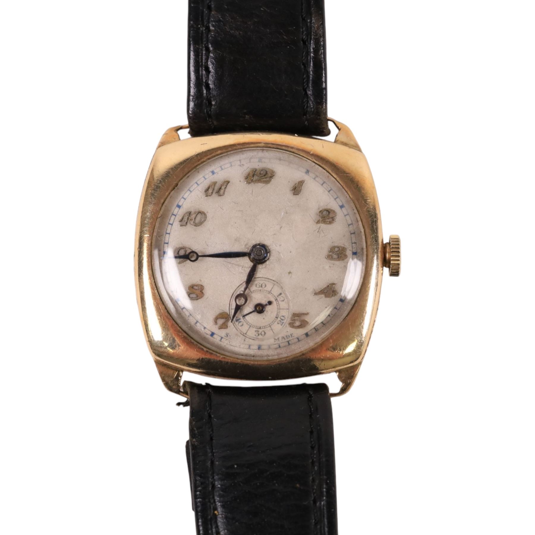 Early 20th century 9ct gold manual wind wristwatch by V.W Ltd, silvered dial with subsidiary seconds dial, Birmingham 1934