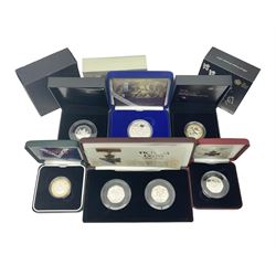 The Royal Mint United Kingdom silver proof coins, 2005 'The End of WWII' two pounds, 2005 'The Battle of Trafalgar' five pounds, 2006 'The Victoria Cross' fifty pence, 2006 'The Victoria Cross' fifty pence two coin set', 2012 'London 2012 Handover to Rio' piedfort two pounds and 2013 'Christopher Ironside' fifty pence, all cased with certificates 