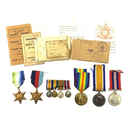 WW1 pair of medals comprising British War Medal and Victory Medal awarded to 225268.2.A.M. P.M. Newton R.A.F. in issue box with Army Will form, letter of entitlement, two booklets and group of four miniatures including WW2 War and Defence medals; together with WW2 War Medal, Atlantic Star and 1939-45 Star with slip in issue box