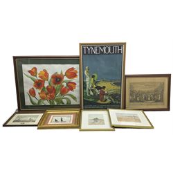 Judith Crate (British 20th Century): Still Life of Orange Flowers, watercolour signed and dated '10, together with an LNER Tynemouth Railway advertising poster, an original watercolour of ships, two prints and two engravings max 44cm x 59cm (7)