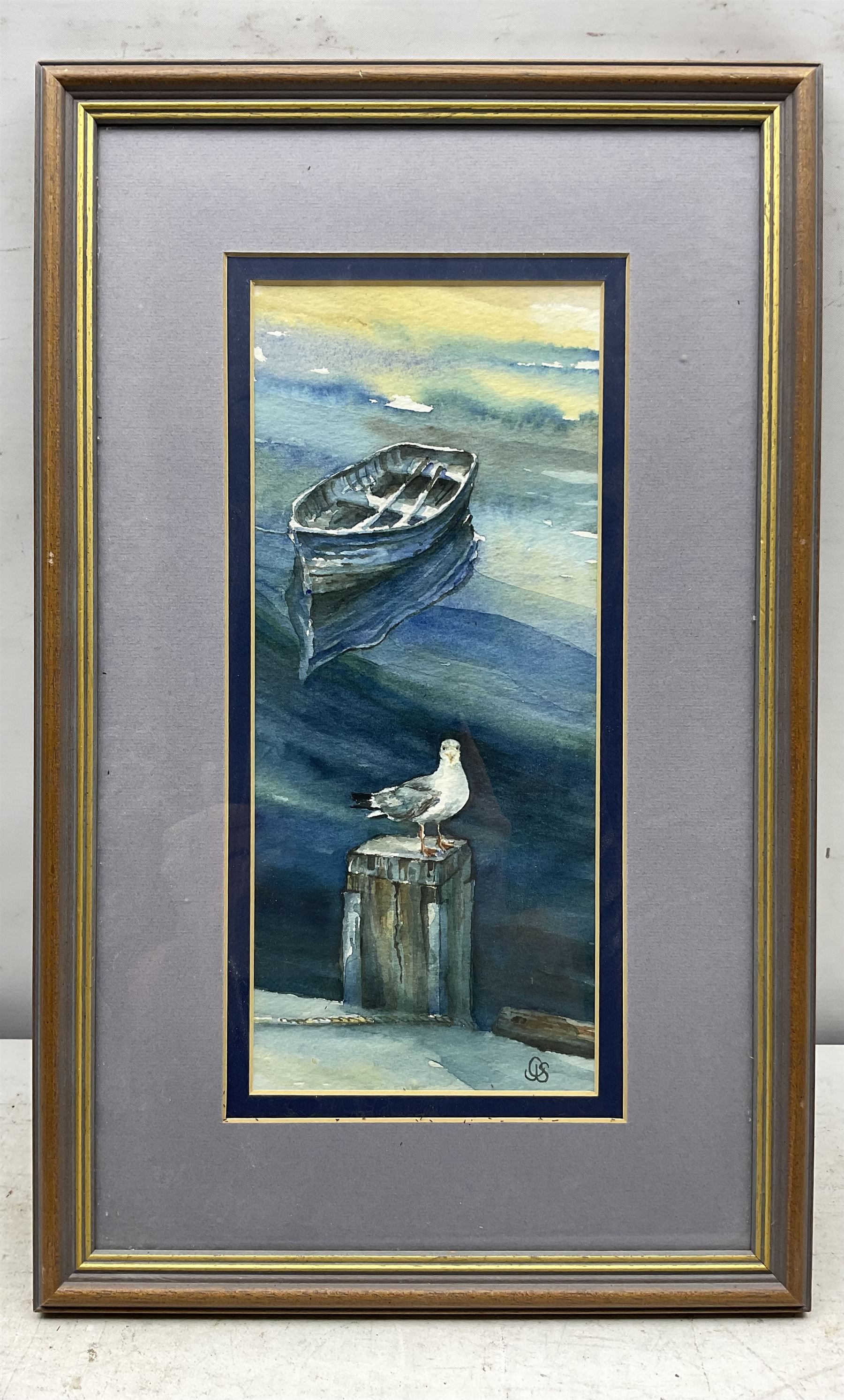 Catherine J Stephenson (Yorkshire 1967-): Seagull at Whitby Harbour and Still Life of Jars, two watercolours signed 30cm x 13cm and 19cm x 16cm (2)