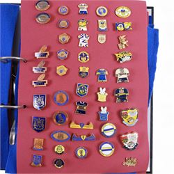 Rugby league enamel badge collection, from clubs including Leeds Rhinos, Lancashire Lynx, Leigh Centurions, London Broncos, Trafford Borough,Toulouse,  Belle Vue Rangers, Carlisle, Nottingham City Outlaws, housed in two folders, (approximately 280)