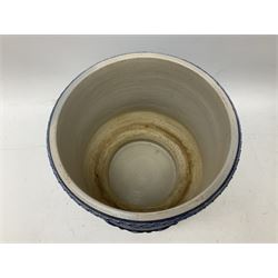 Three jardinières comprising West German Gerz example decorated in relief, Doulton Slaters example with frilled everted rim and a majolica example, and a further two Arthur Wood majolica jugs (5)