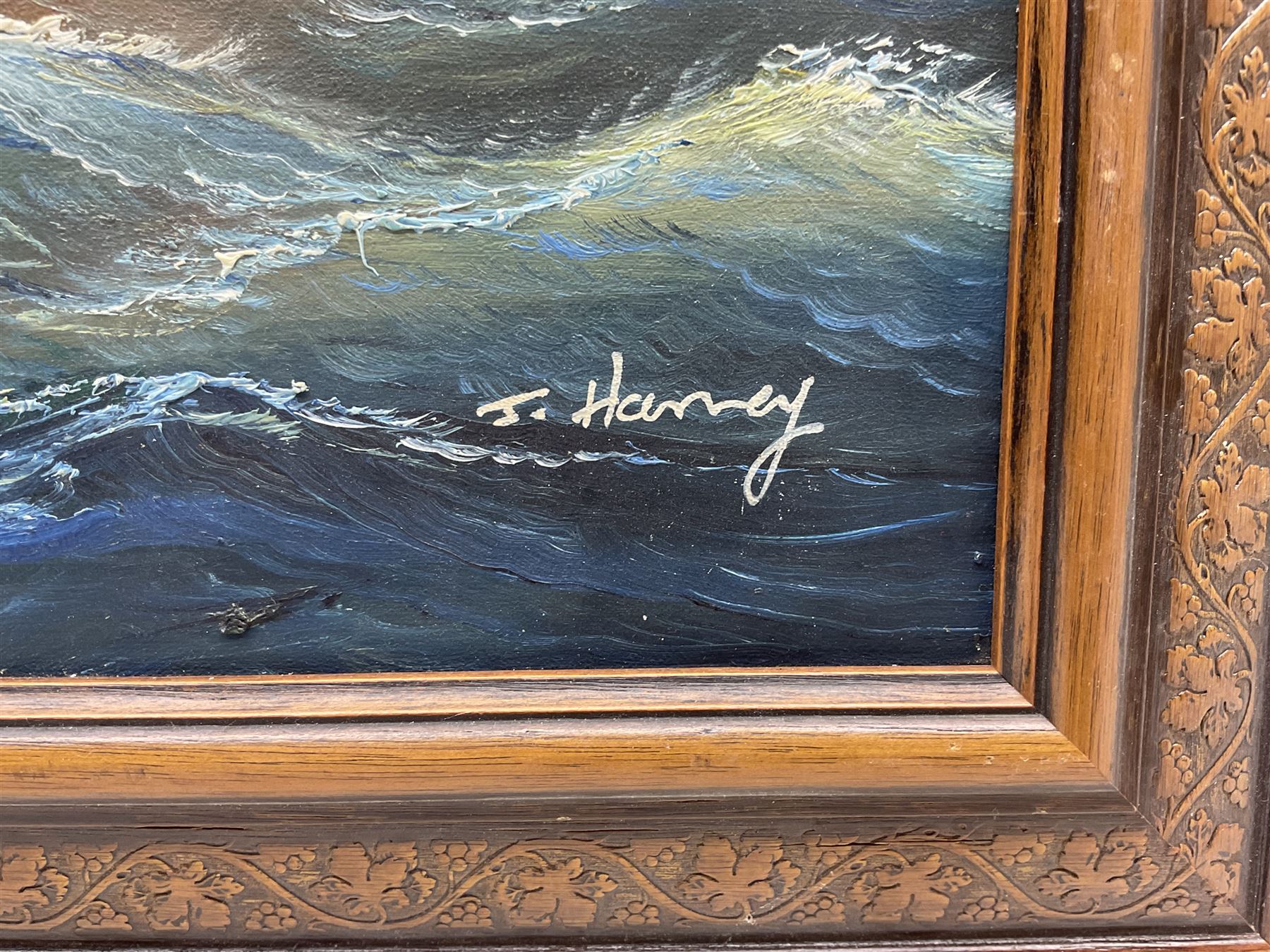 J Harvey (20th century): Naval Battle, oil on canvas signed 49cm x 59cm