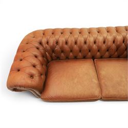 Springvale - Large three seat Chesterfield sofa, upholstered in buttoned tan leather, two cushion deep seat, turned bun feet
