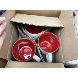 Quantity of scarves, glassware, ceramics, silver-plate, candles in glass holders etc in three boxes