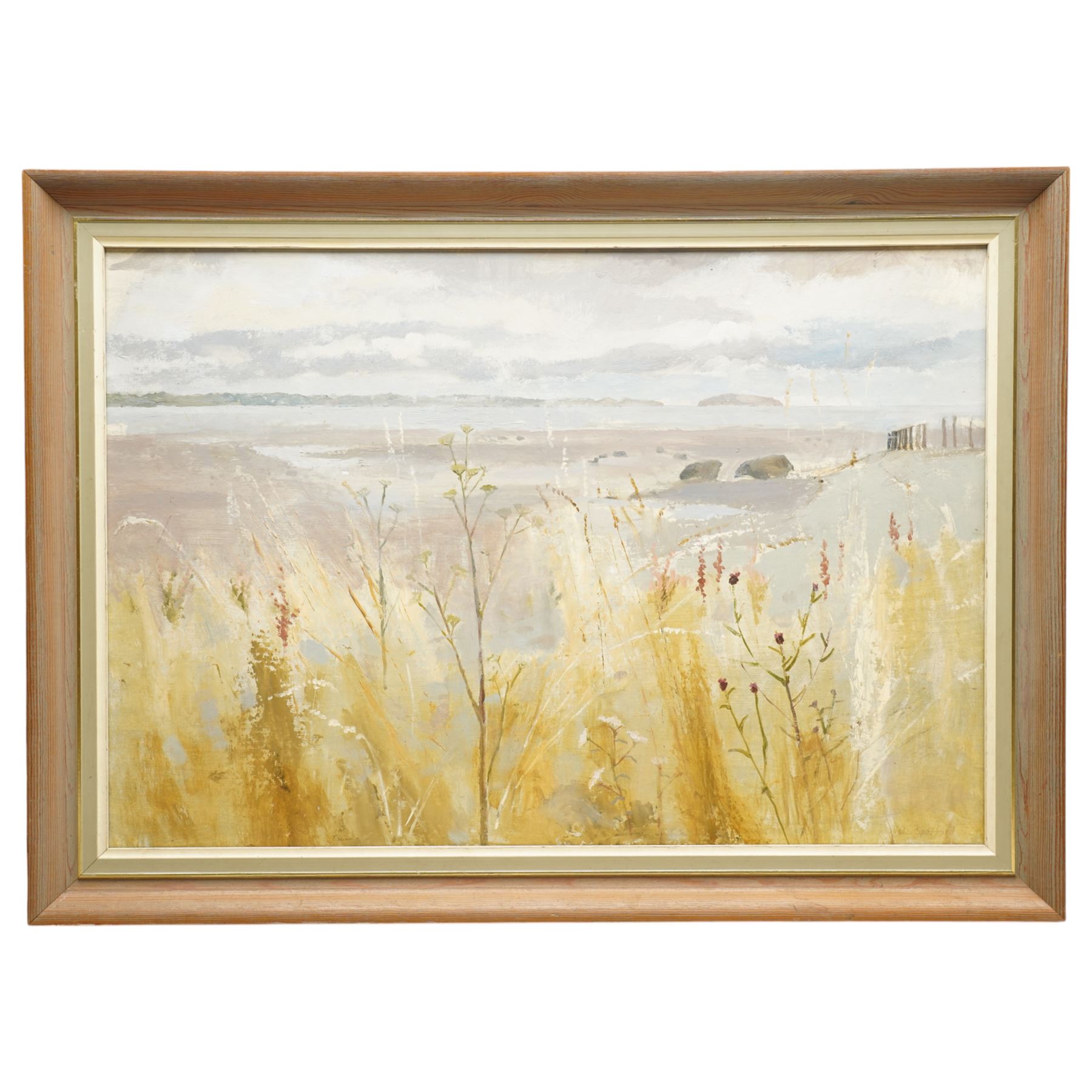 Iola Spafford (British 1930-): 'Edge of the Shore', oil on board signed, titled on Lane Gallery label verso 44cm x 64cm