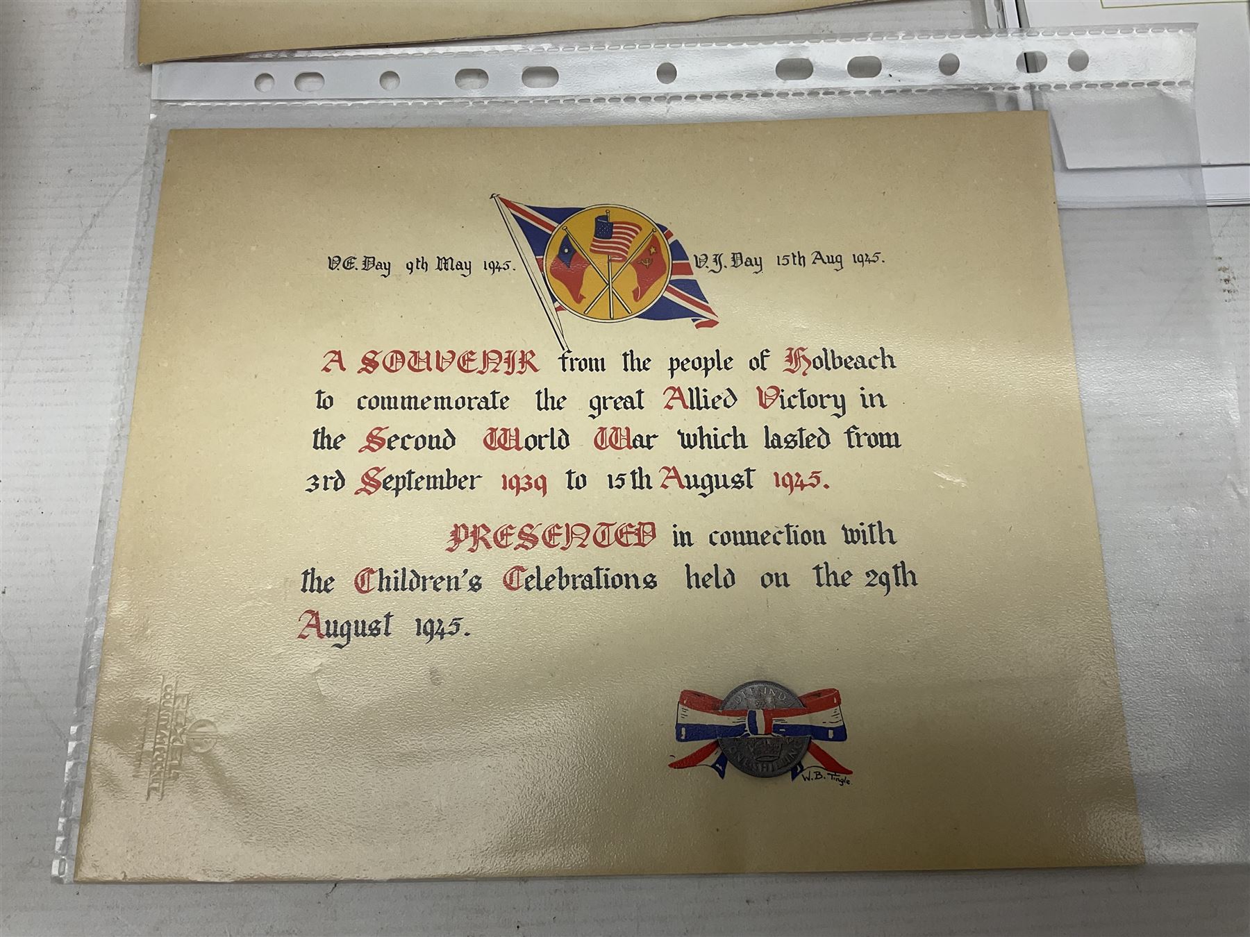 WWI group of three medals with bronze memorial plaque comprising 1914-15 Star, British War Medal and Victory Medal awarded to 16554 Pte. T. Andrew Linc. R. who died on 26th July 1916 whilst travelling to Vimy Ridge, polished and mounted for display in a frame; together with small archive of research material and two WWII V.E. Day Presentation Certificates from the people of Holbeach in Lincolnshire