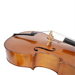 19th century cello, with two piece back, ebonised finger board and pegs, contained within Hiscox Lifelite case, cello back length 76cm